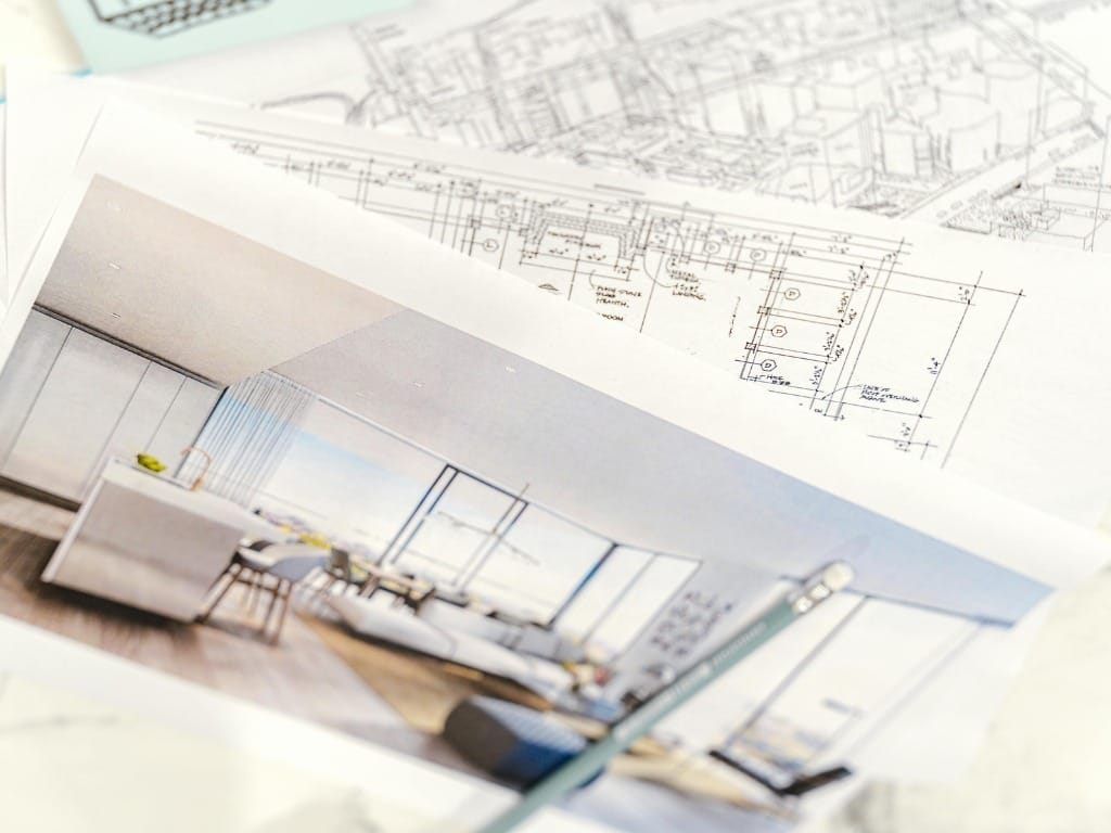 Architectural design plans and a visualisation concept, showcasing design and build services in Milton Keynes.