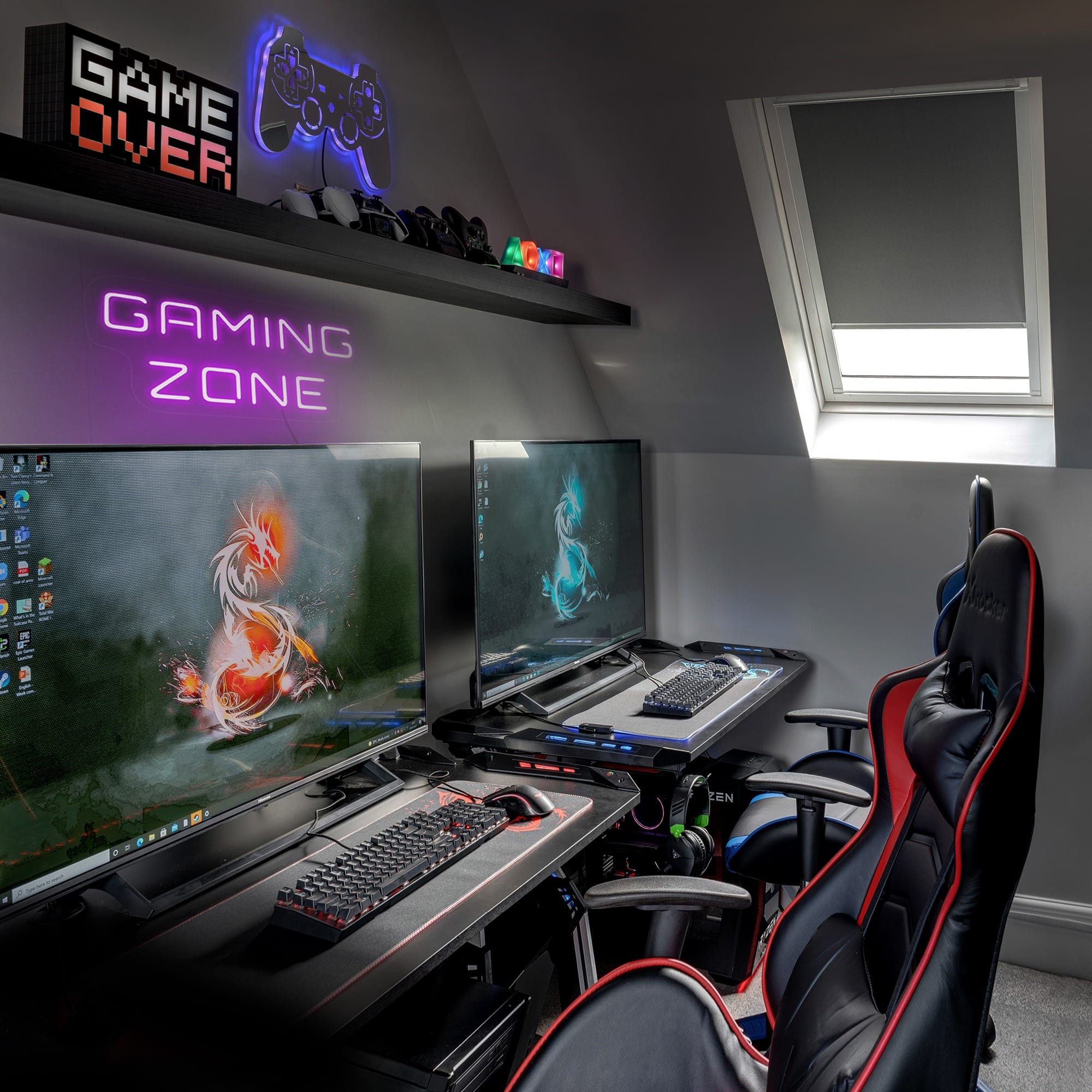 Loft conversion featuring a gaming room with dual monitors and gaming setup in Milton Keynes, designed by Inner Create