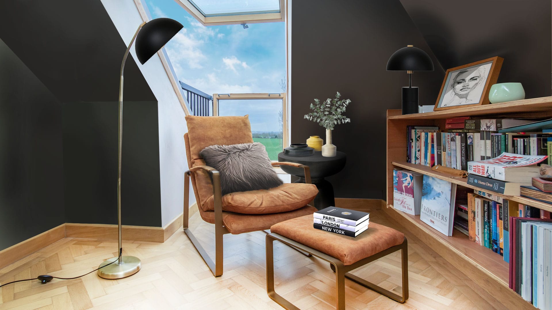 Loft with a Velux balcony and roof light, cozy reading nook, Milton Keynes