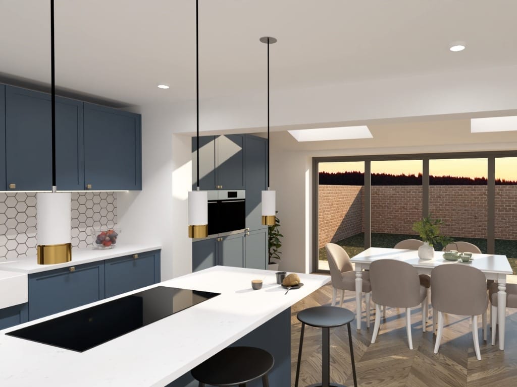 3D Visualisation of a modern kitchen and dining area with blue cabinetry and skylights in Milton Keynes, Buckinghamshire.