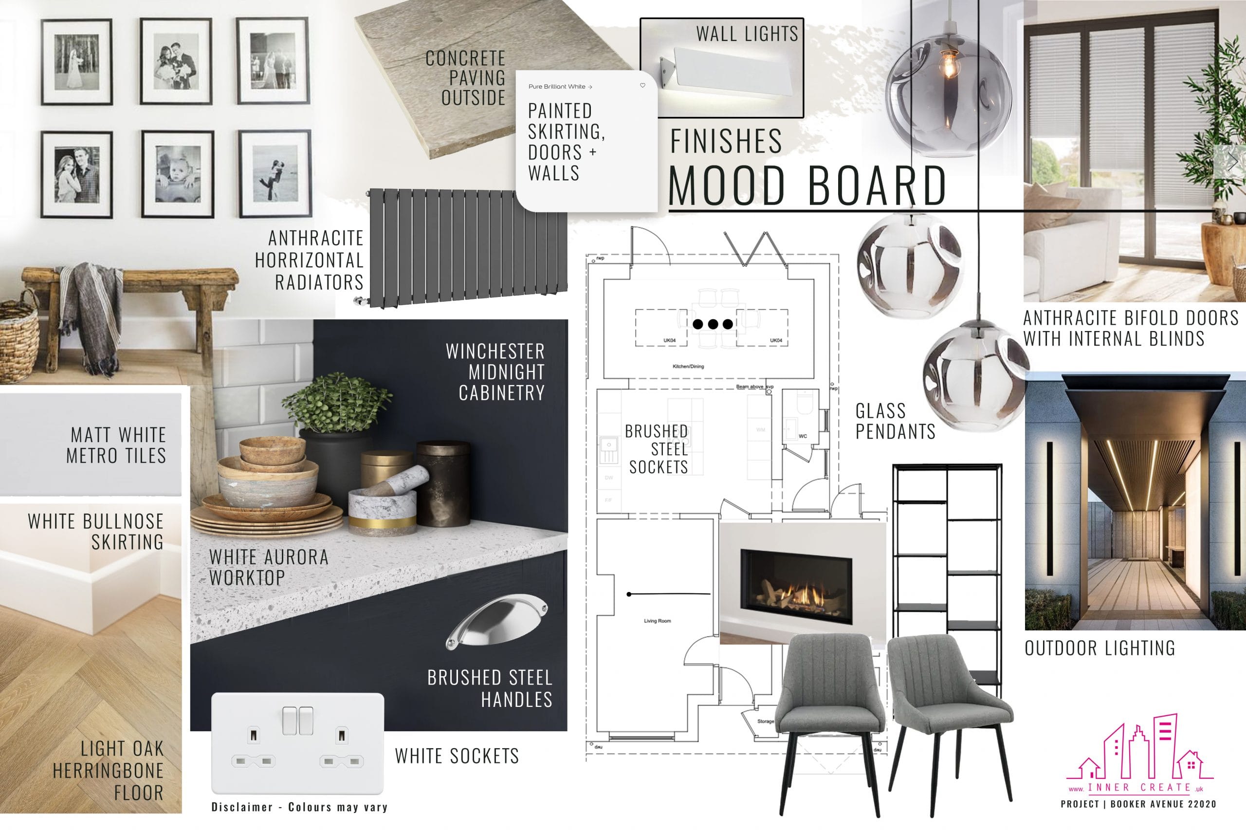 Interior design finishes moodboard for architectural design project in Milton Keynes, featuring materials and finishes for a modern home