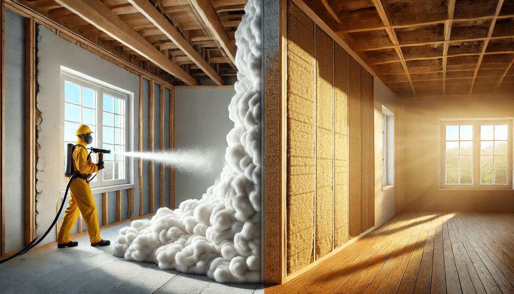 Comparison of spray foam insulation application vs. natural wood fibre insulation, highlighting risks and eco-friendly alternatives for home insulation
