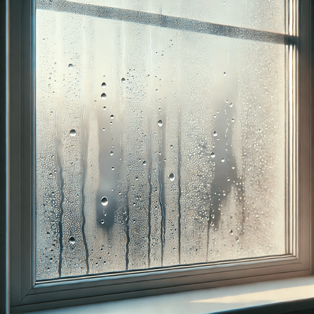 Condensation on a window caused by trapped moisture, a common issue with spray foam insulation leading to dampness in timber-framed roofs and structures